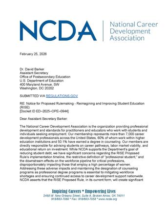 NCDA's letter to the Assistant Secretary in the Office of Postsecondary Education